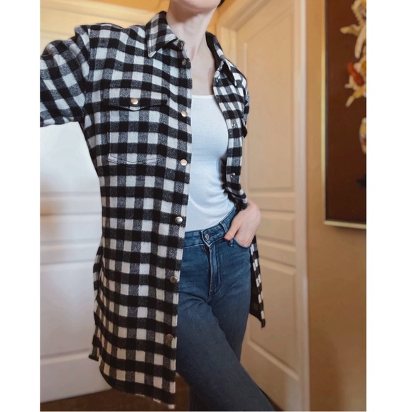 & OTHER STORIES NEW Black White Gingham Check Belted Italian Wool Shacket Jacket - Picture 7 of 17